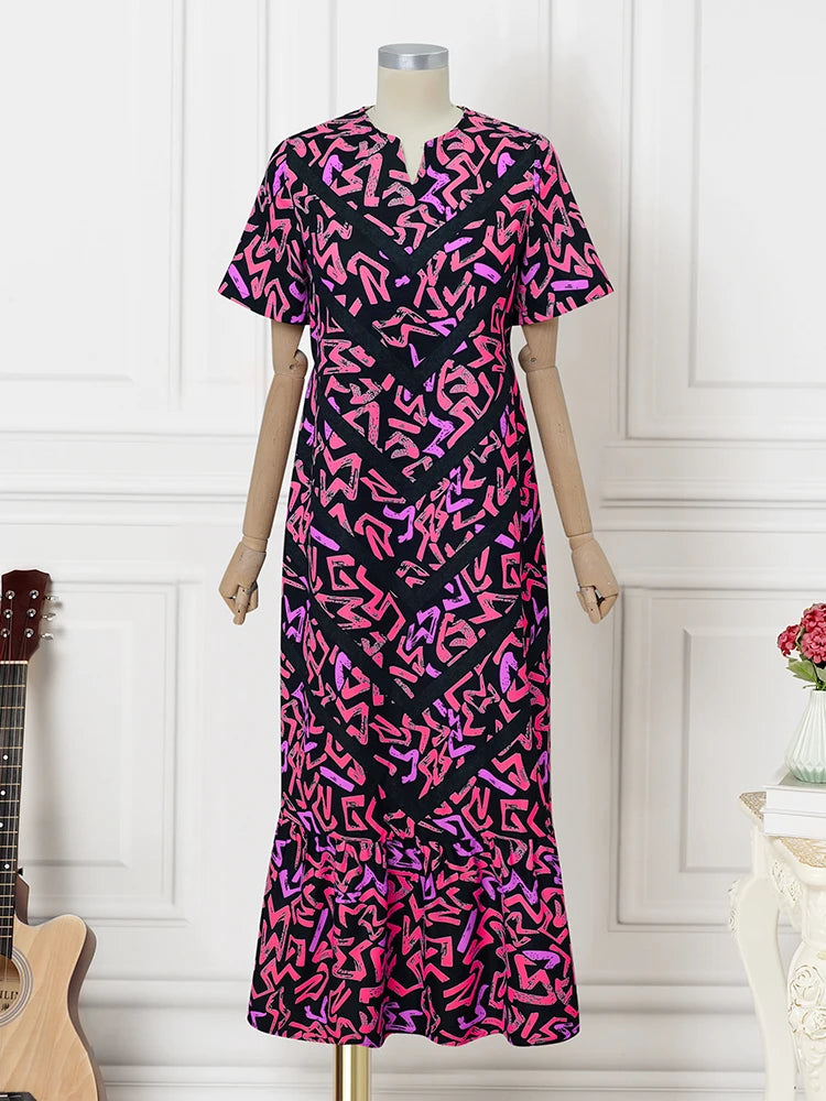 Maxy Summer Vintage Bohemian Dress Women Short Sleeve Printed Party Vestidos Casual Ruffled Long Robe V-Neck Vestidos