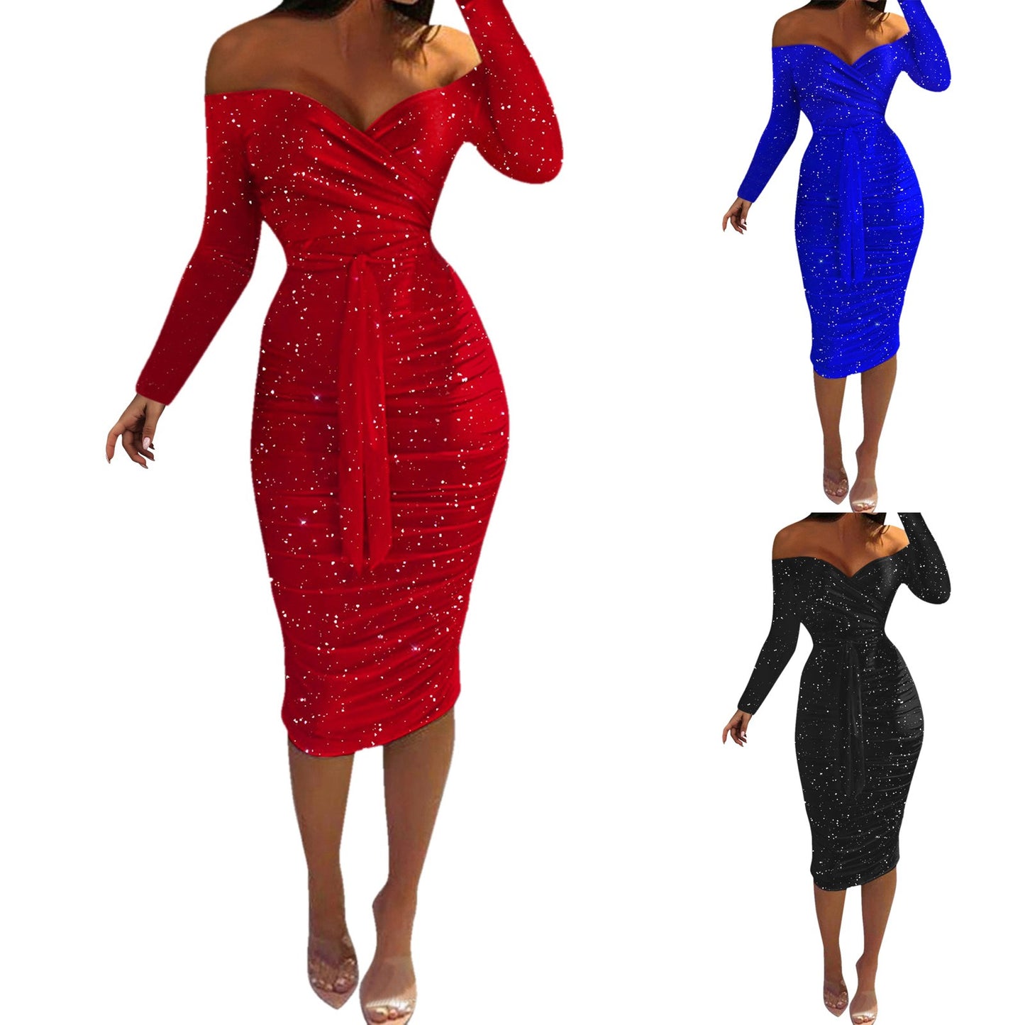 Babs Formal Dress for Women Sexy Off Shoulder Long Sleeve Slim Bodycon Hip Wrap Midi Red Dress Vintage Party Dress