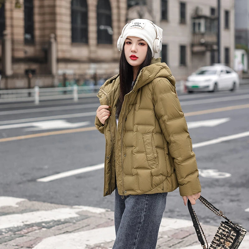 Zay Women's Monochromatic Puffer Coats, Casual Loose Jacket, Thick, Warm, Snow, Simple Outerwear, Korean, Winter, New