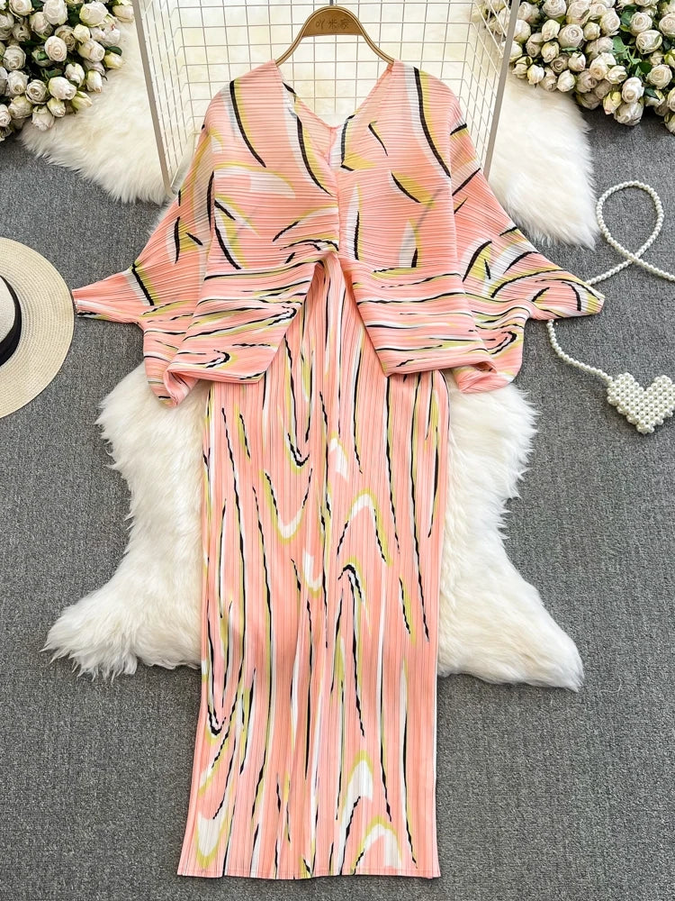 Amay Women High Waist Printing A-line Pleated Dresses V-Neck Long Sleeved Lightweight Spring Summer SM10792