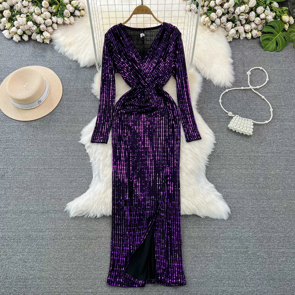 Babs Elegant Chic Y2K Women's Dress Long-sleeve V-neck Split Sequins Patchwork Hip Warp Dresses Autumn Winter