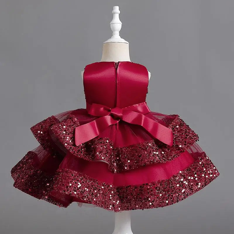 Summer New Beaded Bow Tie Sequin Mesh Children's Sleeveless Evening Dress School Graduation Party Multi Layered Dress