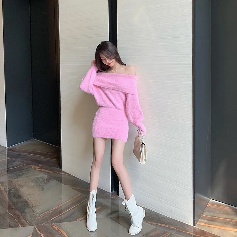 Babs New Sweater Dress Women Pullover Solid Color Korean Fashion Sexy Off Shoulder Bodycon Mini Robe Femme