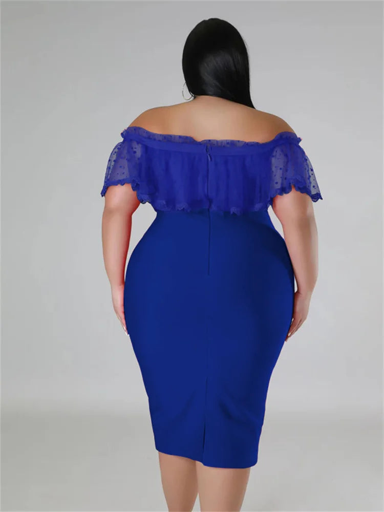 Maxy Plus Size Party Dress Women Clothing Solid Mesh Patchwork Off Shoulder Dress Fashion Outfits