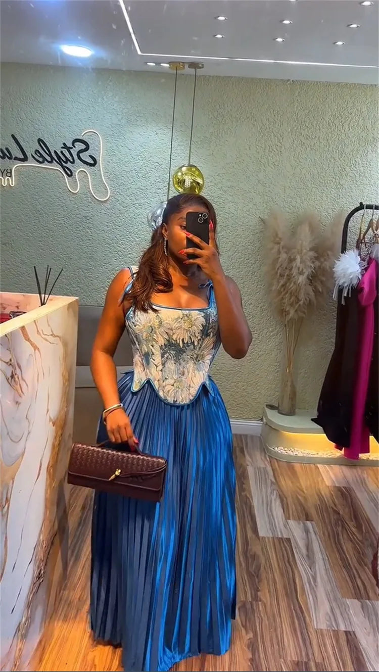 Maxy CM.YAYA Women's Set Floral Print Waist-cinching Vest +Pleated Long Skirts Suit 2025 Party Evening Street Two 2 Piece Set Outfit
