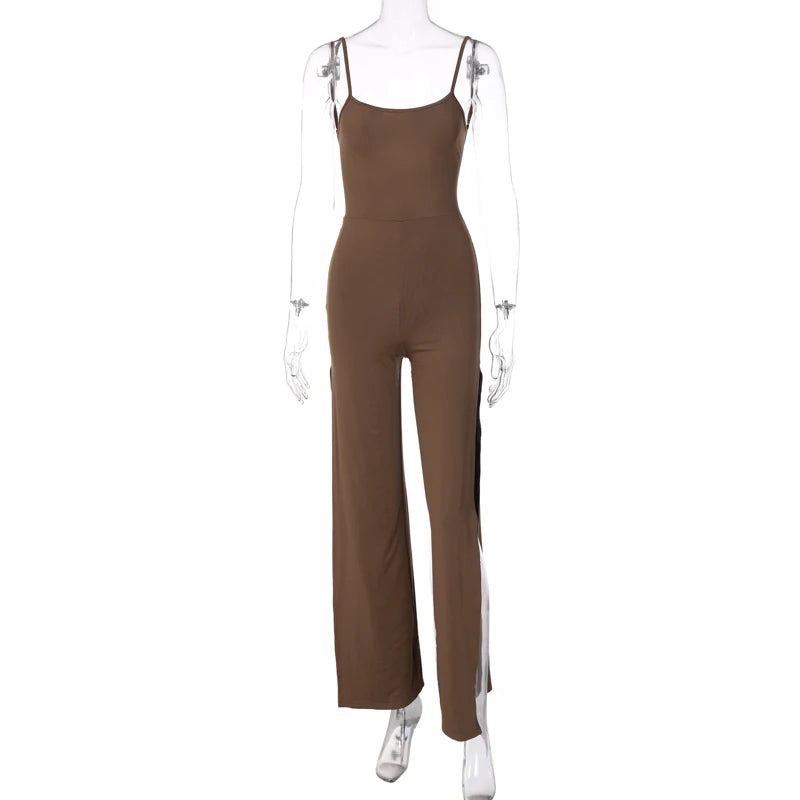 Maxy Summer Women Sexy Y2K Lace Up Backless Strap Rompers Slit Wide Leg Jumpsuit Outfits Vacation Streetwear Overalls