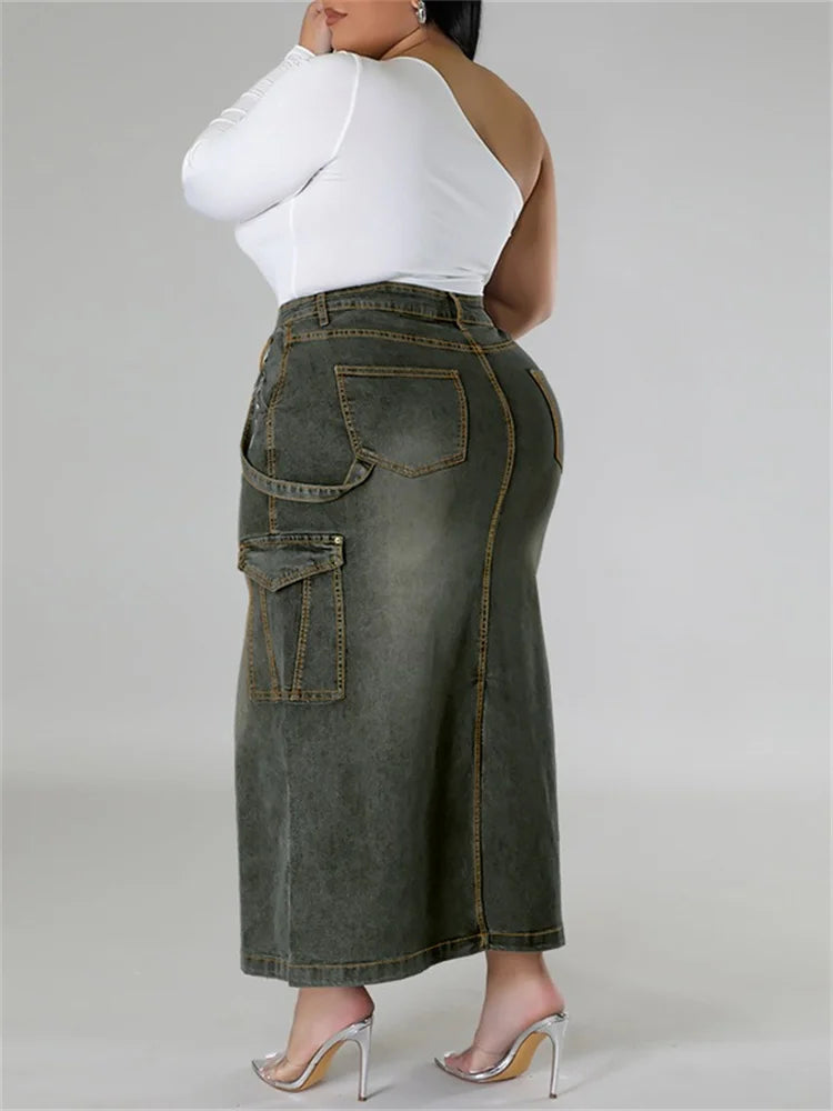 Maxy Plus Size Only Skirts Women's Clothing Denim Maxi Pockets Sexy Medium Stretch Long New