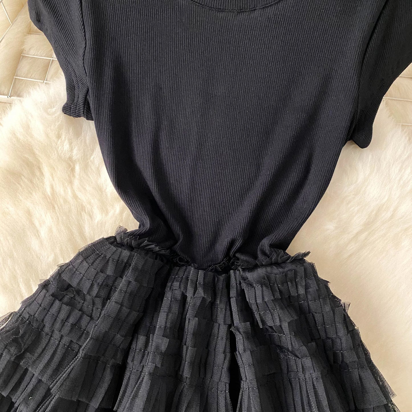 Maxy Fairycore Fashion Newest Chic Dresses Women O-Neck Short Sleeve Mesh Splice Design Vacation Summer Cake Long Dress