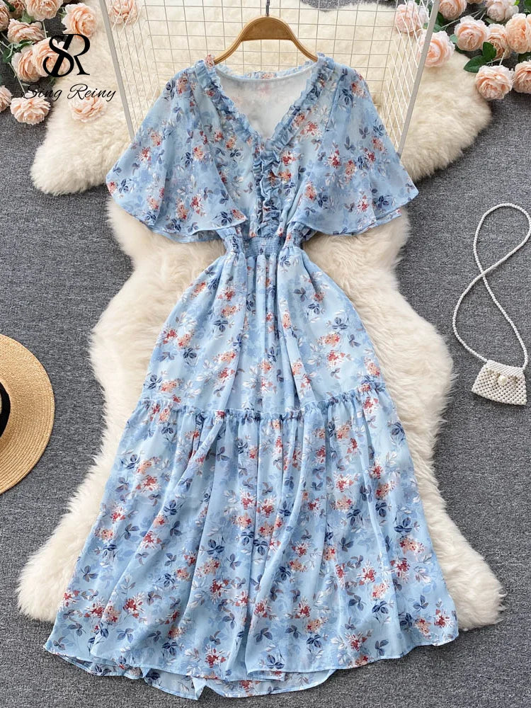 Maxy Ruffled Women Summer Long Dress 2024 Elastic Waist V Neck Vacation Chic Elegant Ladies A Line Slim Beach Dresses