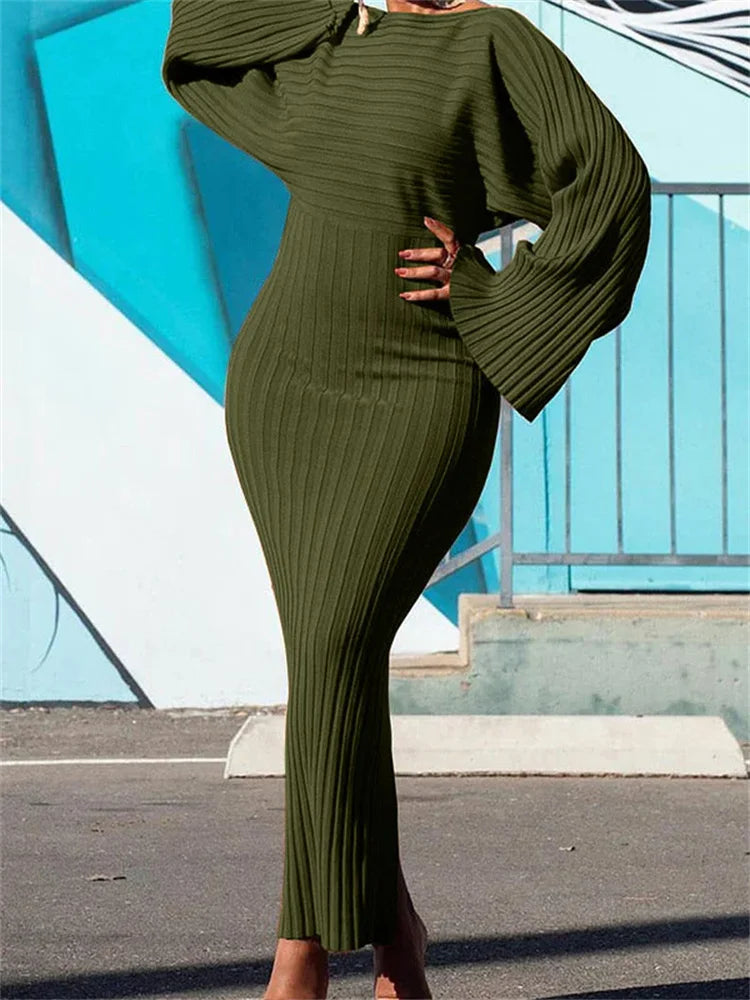 Maxy Women Dress Sexy Slim Fit O-Neck Long Sleeve Cocktail Party Elegant Ribbed Solid Color Hip Wrap Knitted Long Dresses Gown