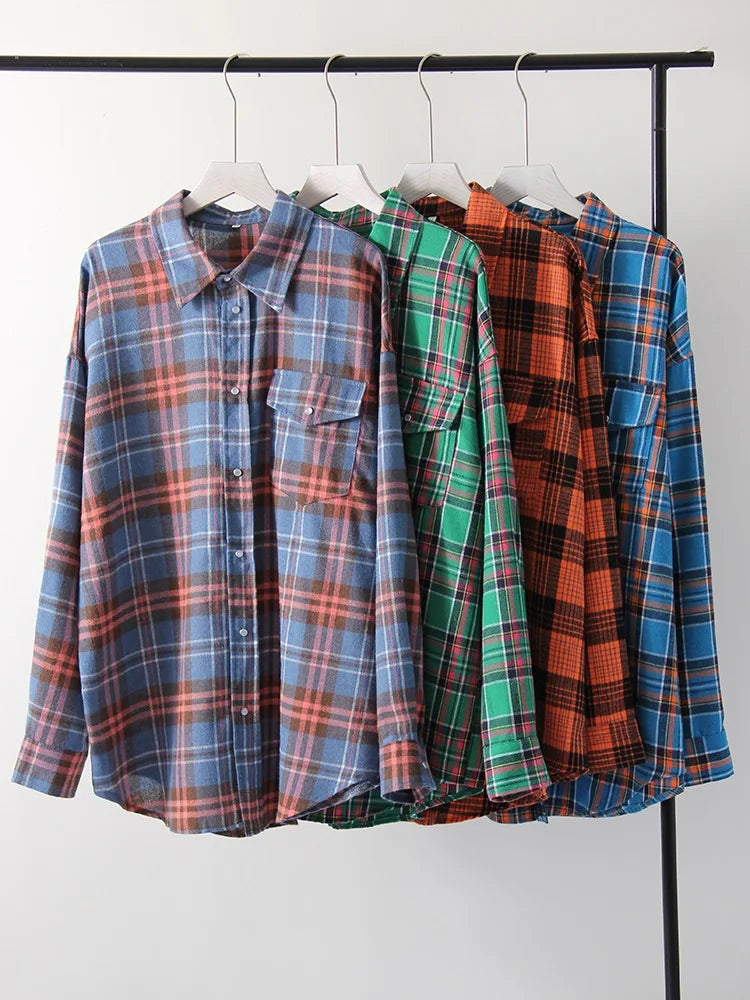 Maxy Green Vintage Plaid Shirt Women Oversize Top Long Sleeves Autumn Winter Loose Women's Shirt And Blouses Oversized