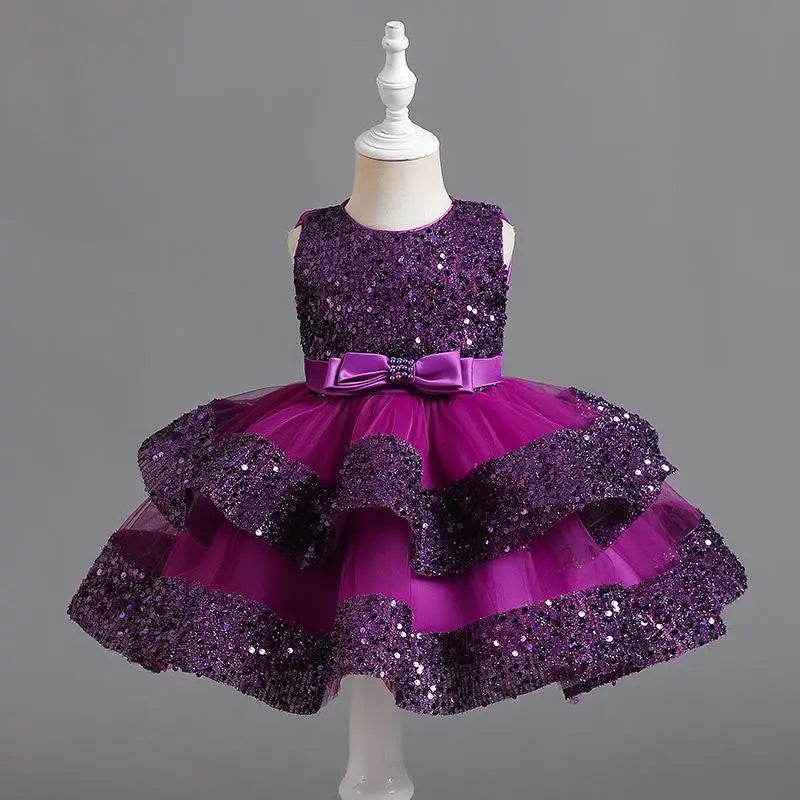 Summer New Beaded Bow Tie Sequin Mesh Children's Sleeveless Evening Dress School Graduation Party Multi Layered Dress