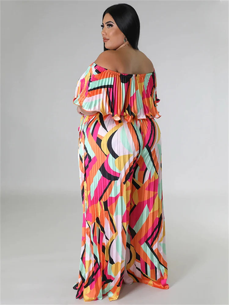 Maxy Plus Size Jumpsuit Women Clothing Pleated Wide Leg Off Shoulder Romper Printed One Piece Outfits