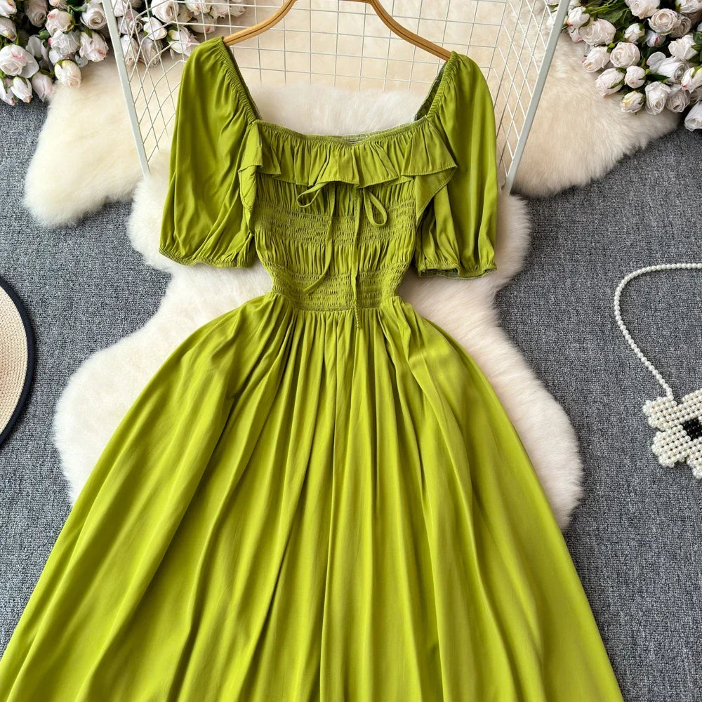 Babs Chic Elegant Square Collar Macy Dress Women Solid Short Puff Sleeve Dresses 2024 Korean Fashion Vintage Ruffle Vestidos