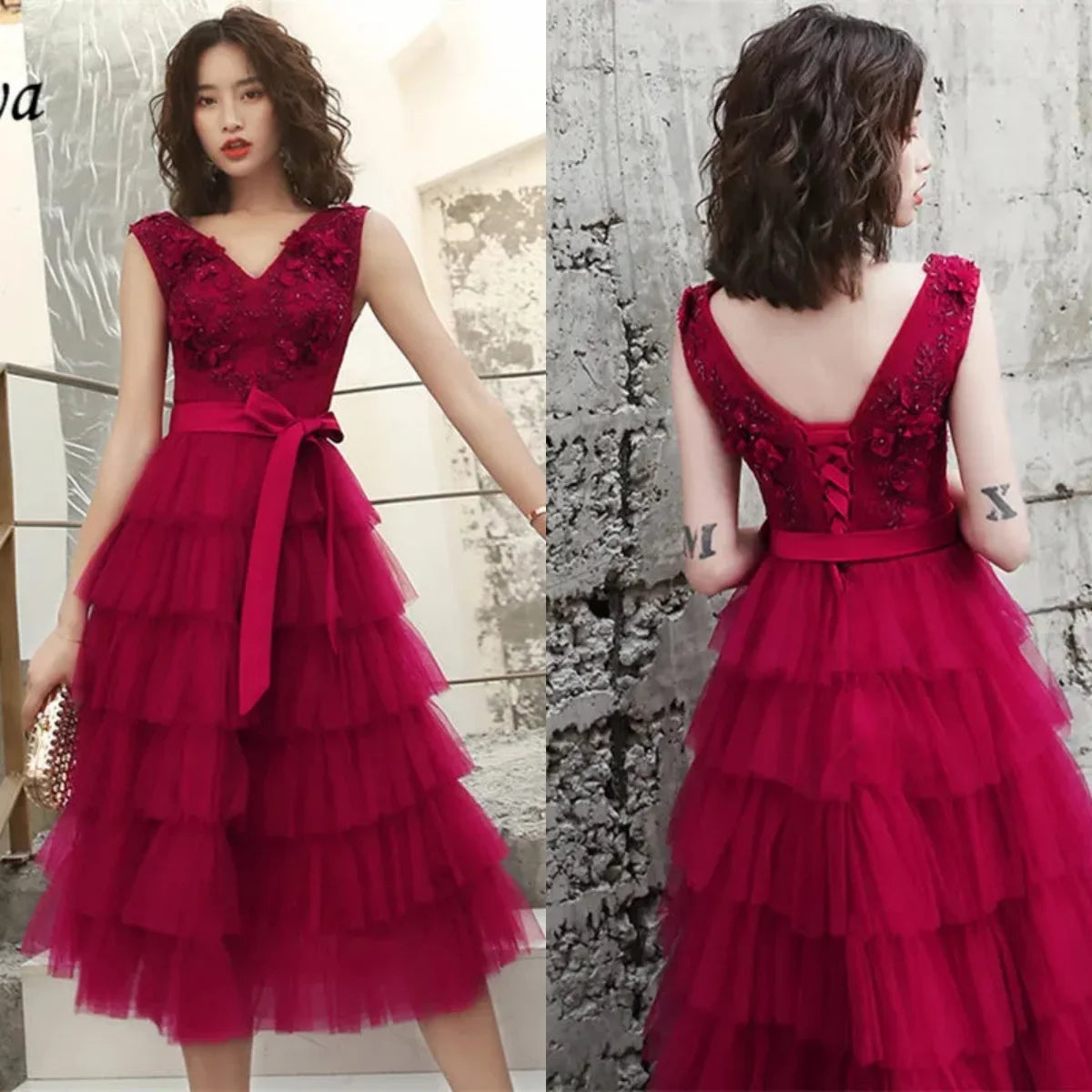 Babs Dresses Burgundy Tulle Beads Floral V-Neck Plus Size A-line Tiered Tea-Length Plus size Woman Party Gowns Robe E832