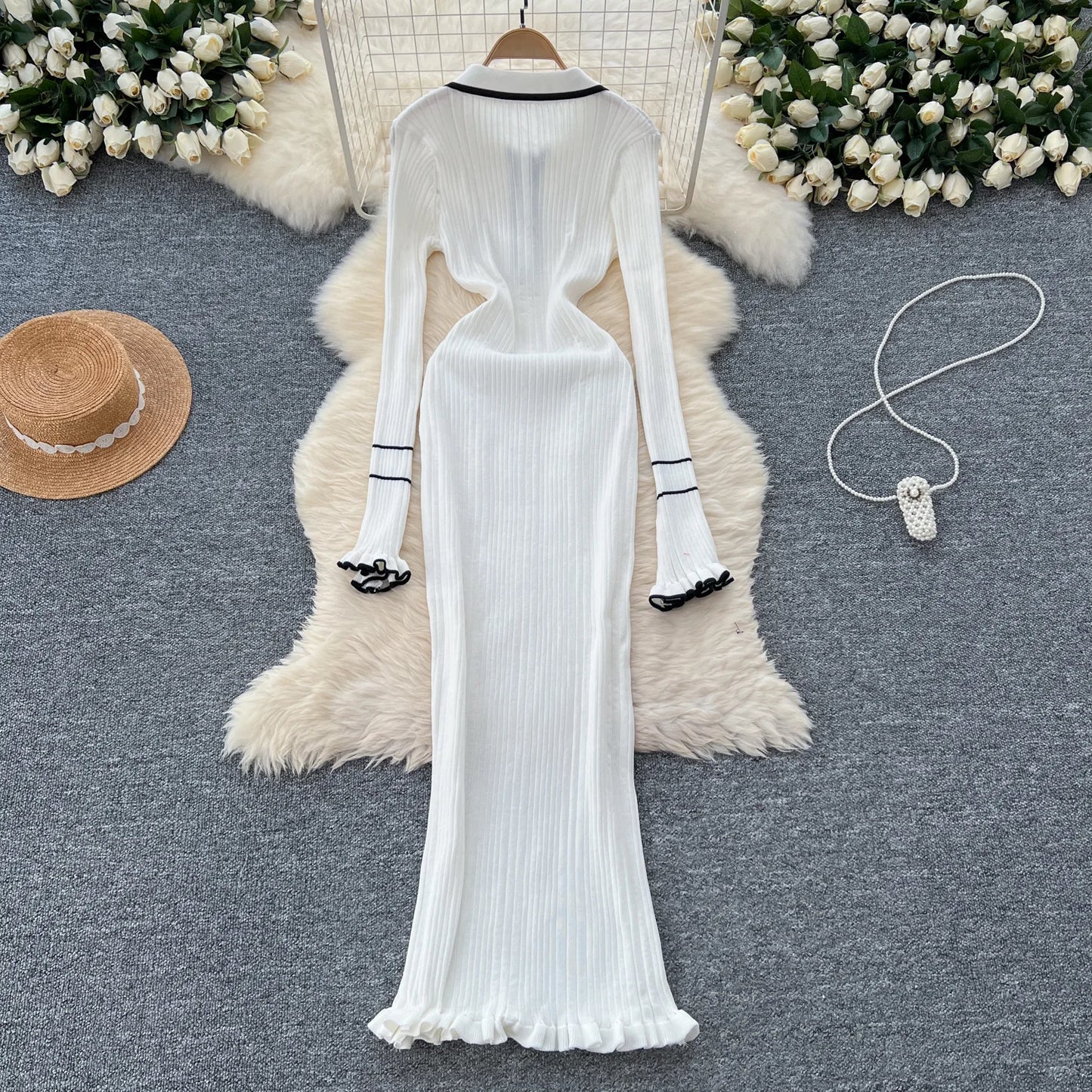 Macy French Vintage Knitted Dress Women Lapel Long Sleeved Slim Bodycon Dresses Ladies Slim Elegant Spring Autumn Long Robe Vestidos
