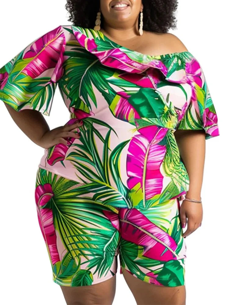 Maxy Plus Size Two Piece Sets Women Clothing Print Off Shoulder Top Short Sets Casual Matching Outfits