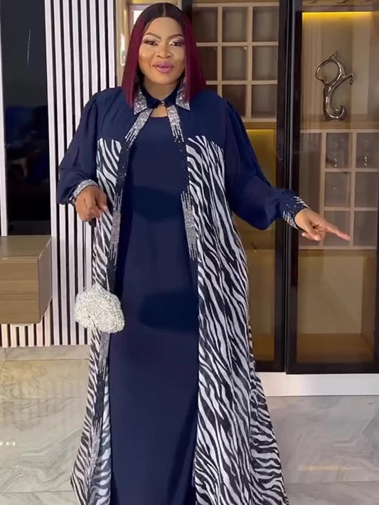 Maxy Elegant Dresses for Women 2 PCS Set Chiffon Boubou Gown Muslim Summer Fashion Wedding Evening Party Dress Africa Clothes
