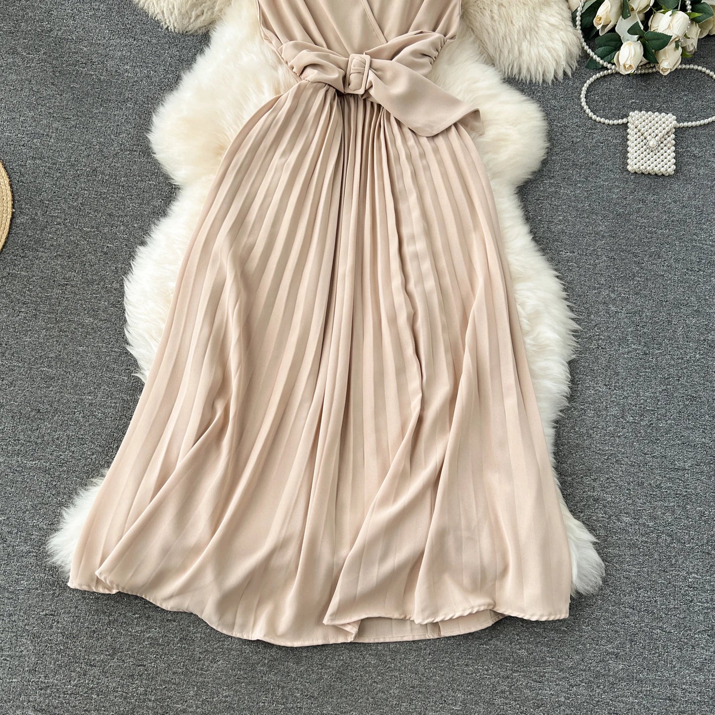 Babs French Vintage Elegant Pleated V-neck Dress A-line Fashion Chiffon Spring Autumn Sleeveless Vestidos Women Dresses