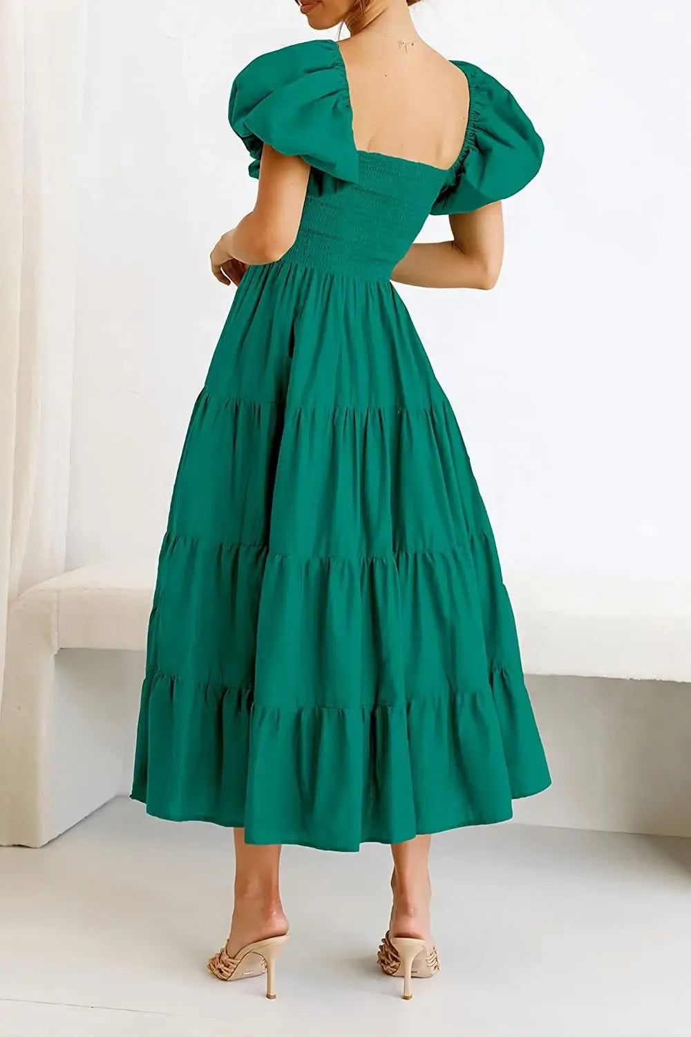 Maxy Dress Women Clothing Ruffles Ruched A-Line Frock Square Neck Short Sleeve Dress Vacation Streetwear Outfits Summer