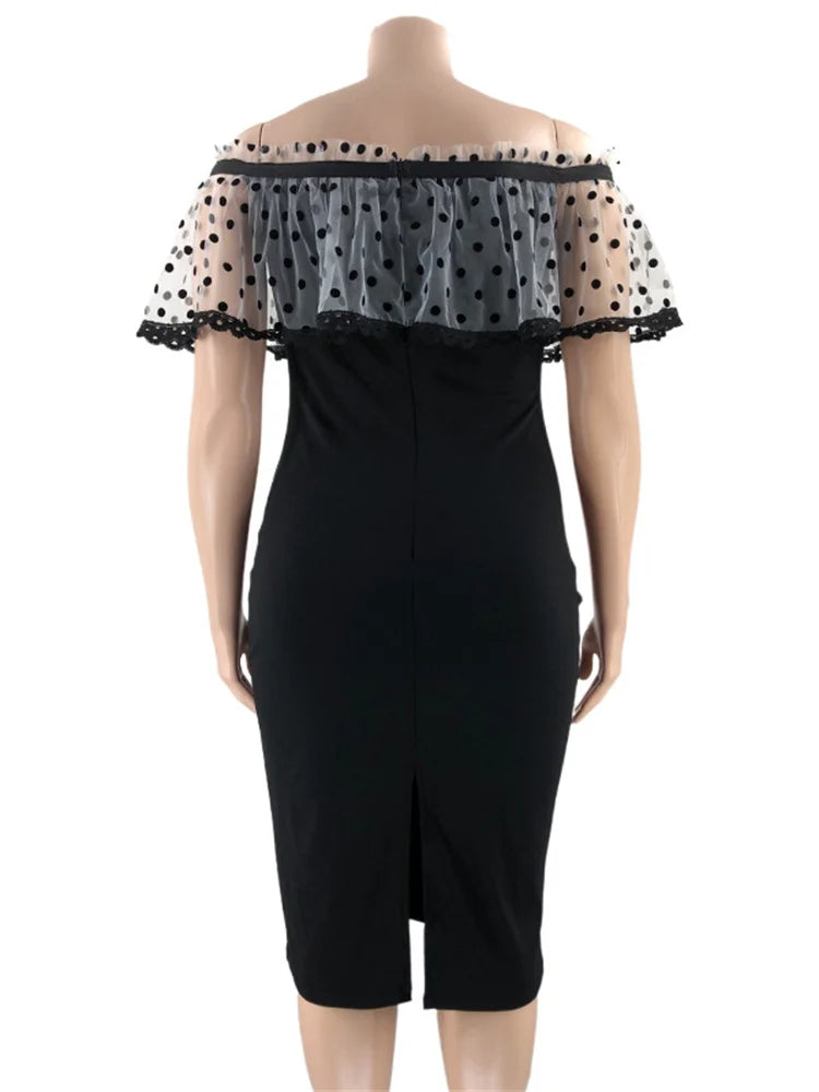 Maxy Plus Size Party Dress Women Clothing Solid Mesh Patchwork Off Shoulder Dress Fashion Outfits