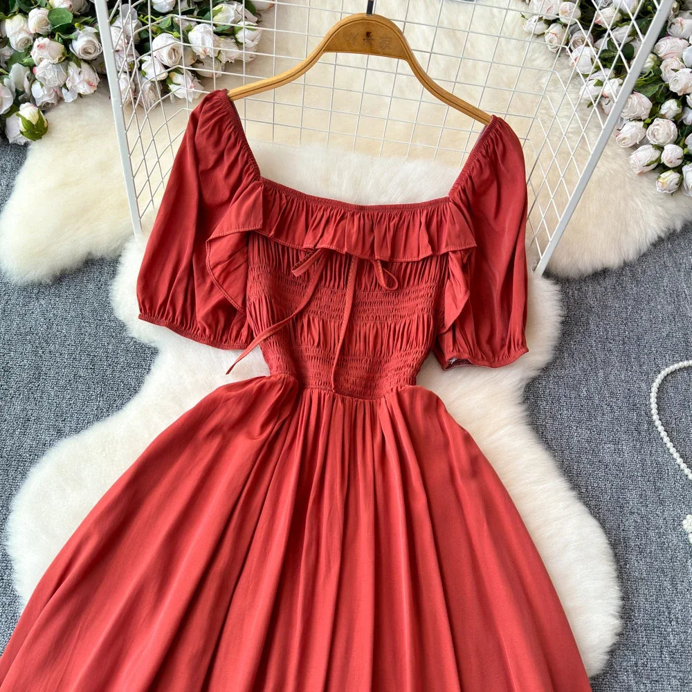 Babs Chic Elegant Square Collar Macy Dress Women Solid Short Puff Sleeve Dresses 2024 Korean Fashion Vintage Ruffle Vestidos