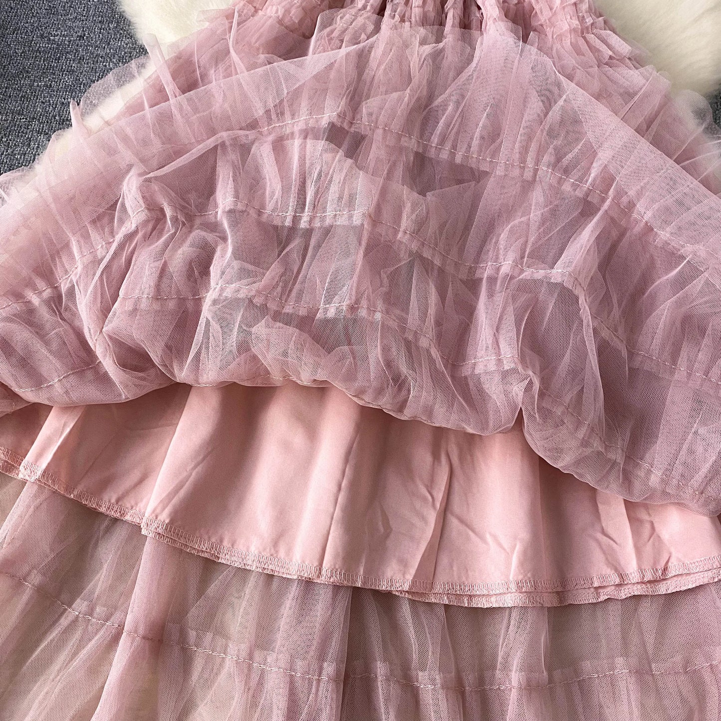 Maxy Fairycore Fashion Newest Chic Dresses Women O-Neck Short Sleeve Mesh Splice Design Vacation Summer Cake Long Dress