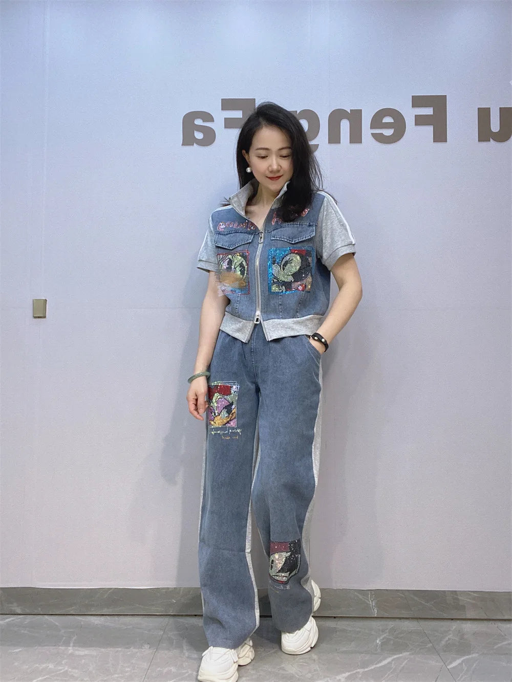 Maxy Short Zipper Cardigan and Pant Two-piece Sets Women Summer Fashion Sportswear Short Sleeve Top Long Pants Hot Diamond Denim Suit