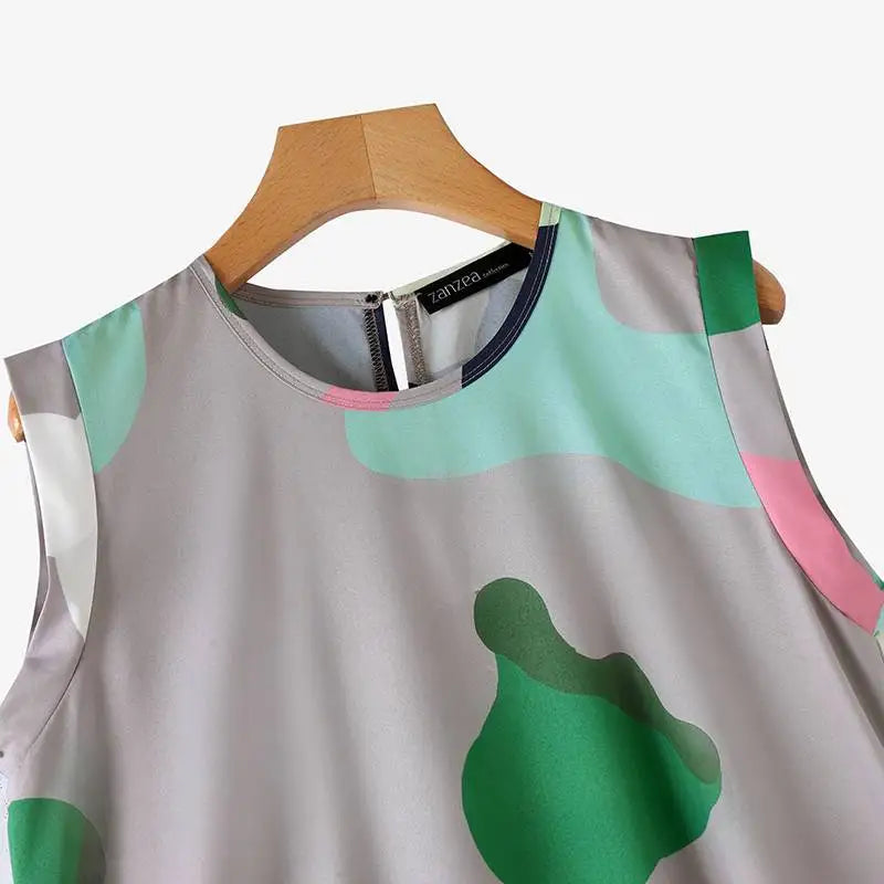 Maxy Summer Holiday Printing Dress Women O-neck Sleeveless Knee Robes 2024 Vintage Loose Tank Sundress Beach Oversize dress