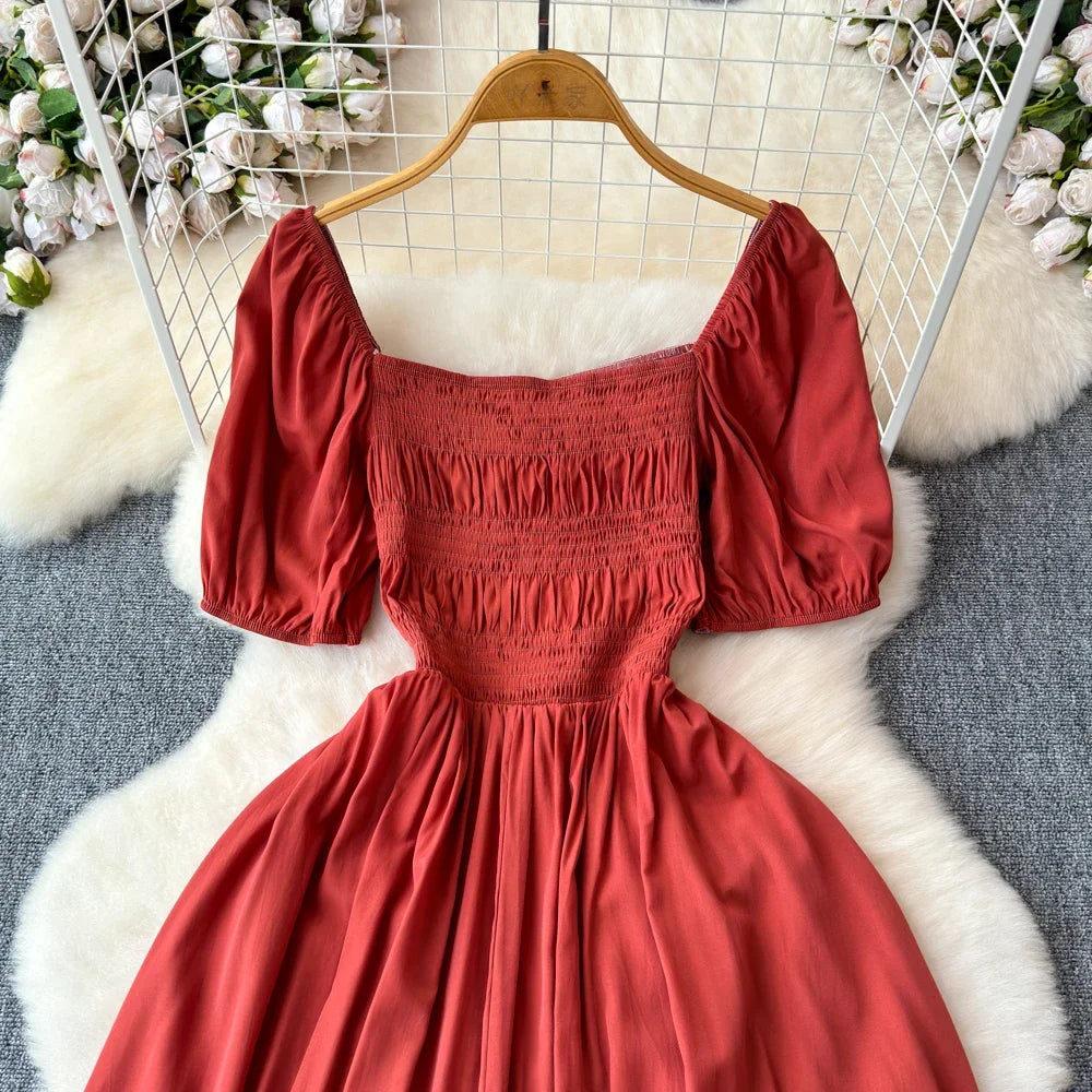 Babs Chic Elegant Square Collar Macy Dress Women Solid Short Puff Sleeve Dresses 2024 Korean Fashion Vintage Ruffle Vestidos