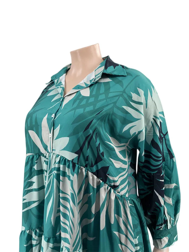 Maxy Plus Size Women Clothing Dresses Xl-5xl Flower Printed Long Sleeve Shirts Elegant Dress.