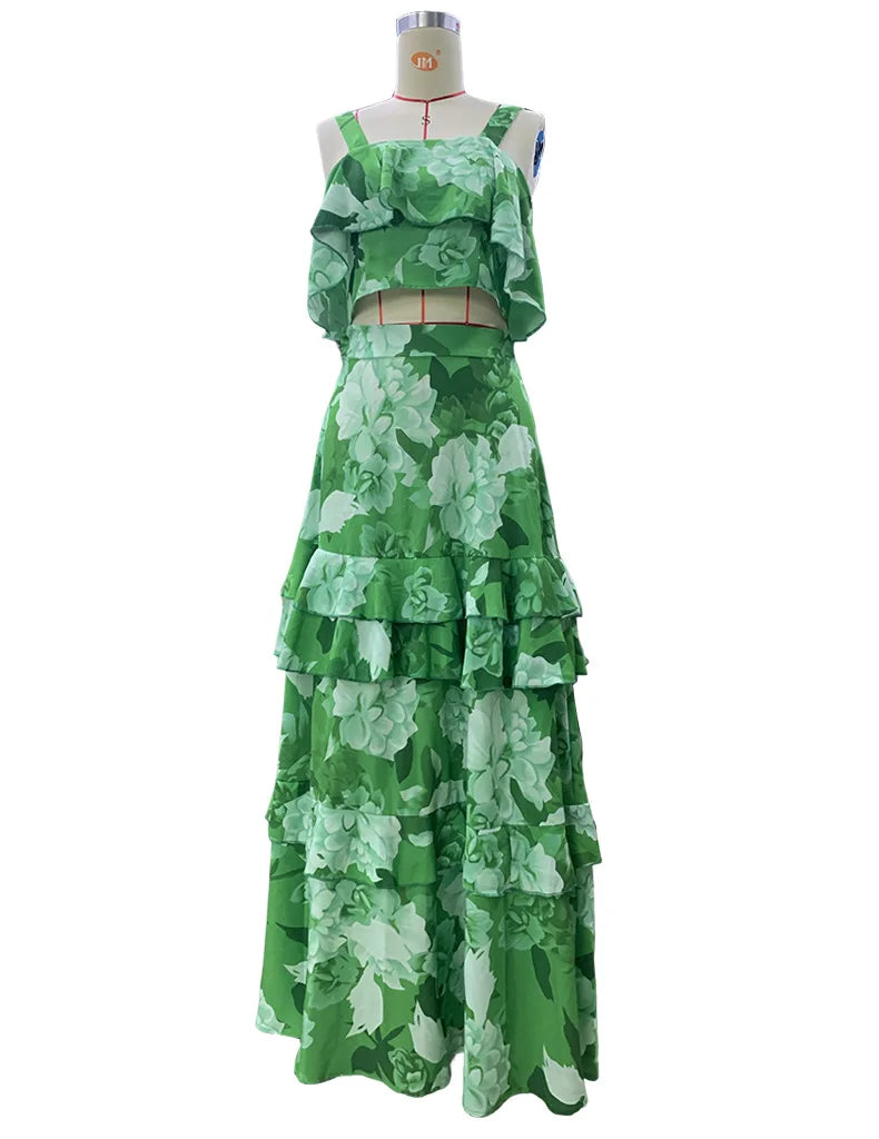 Maxy 2 Piece Set Women Stylish Floral Elegant Printed Sleeveless Short Top+Loose High Waist Pleated Long Skirt Sets