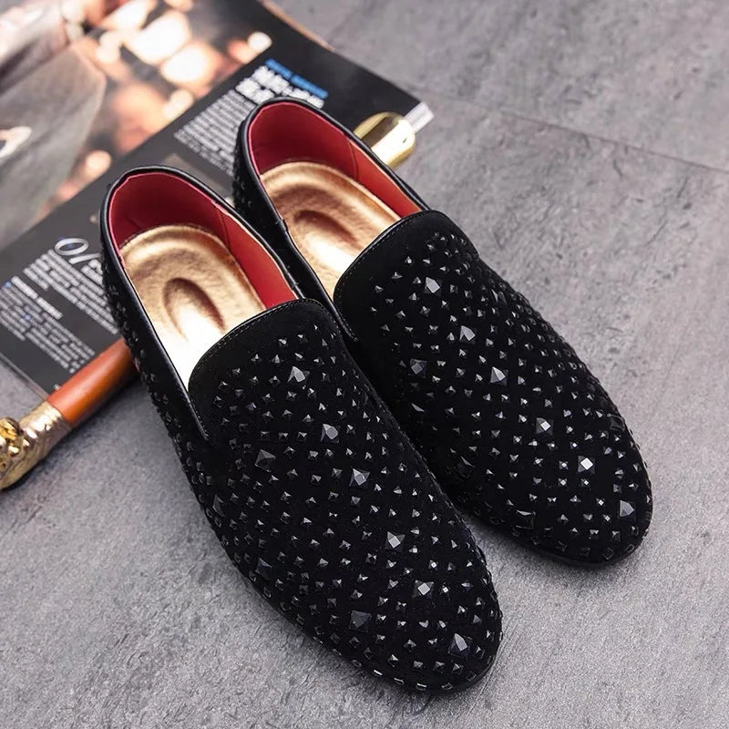 Visco Fashion Men Rhinestones Club Wedding Loafers Moccasins Men's Casual Shoes Suede Leather Mens Light Comfortable Driving Flats