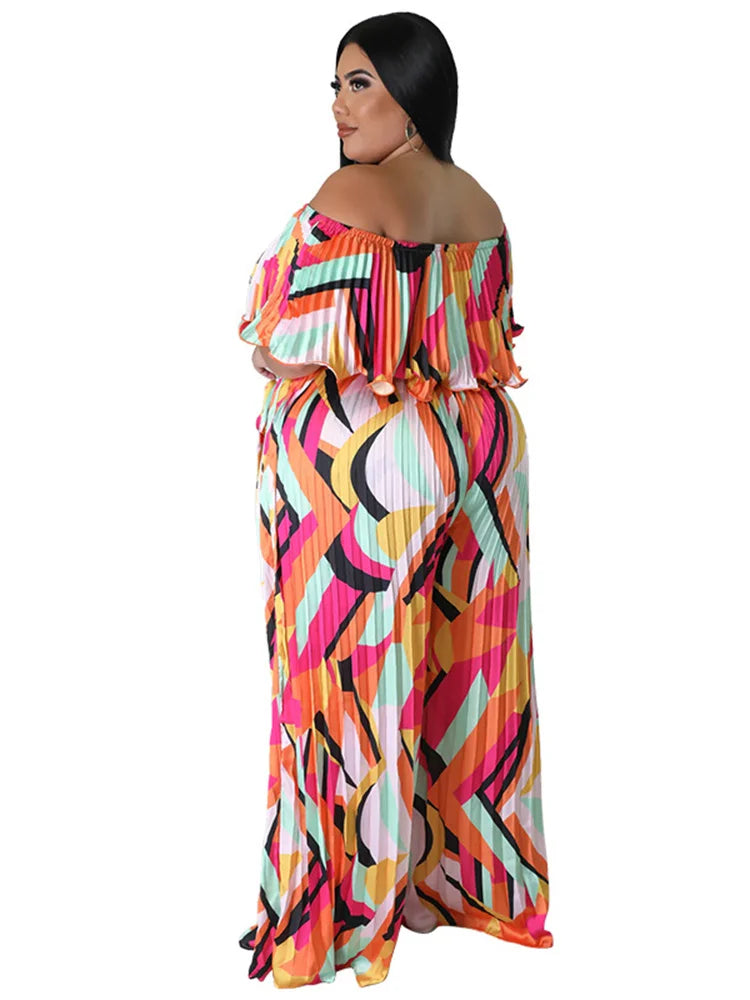 Maxy Plus Size Jumpsuit Women Clothing Pleated Wide Leg Off Shoulder Romper Printed One Piece Outfits
