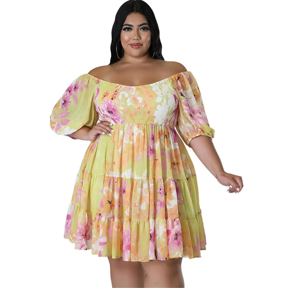 Maxy Plus Size Summer Dresses Women's Clothing Flower Printed One Shoulder Elegant Mini Dress Hot Sale