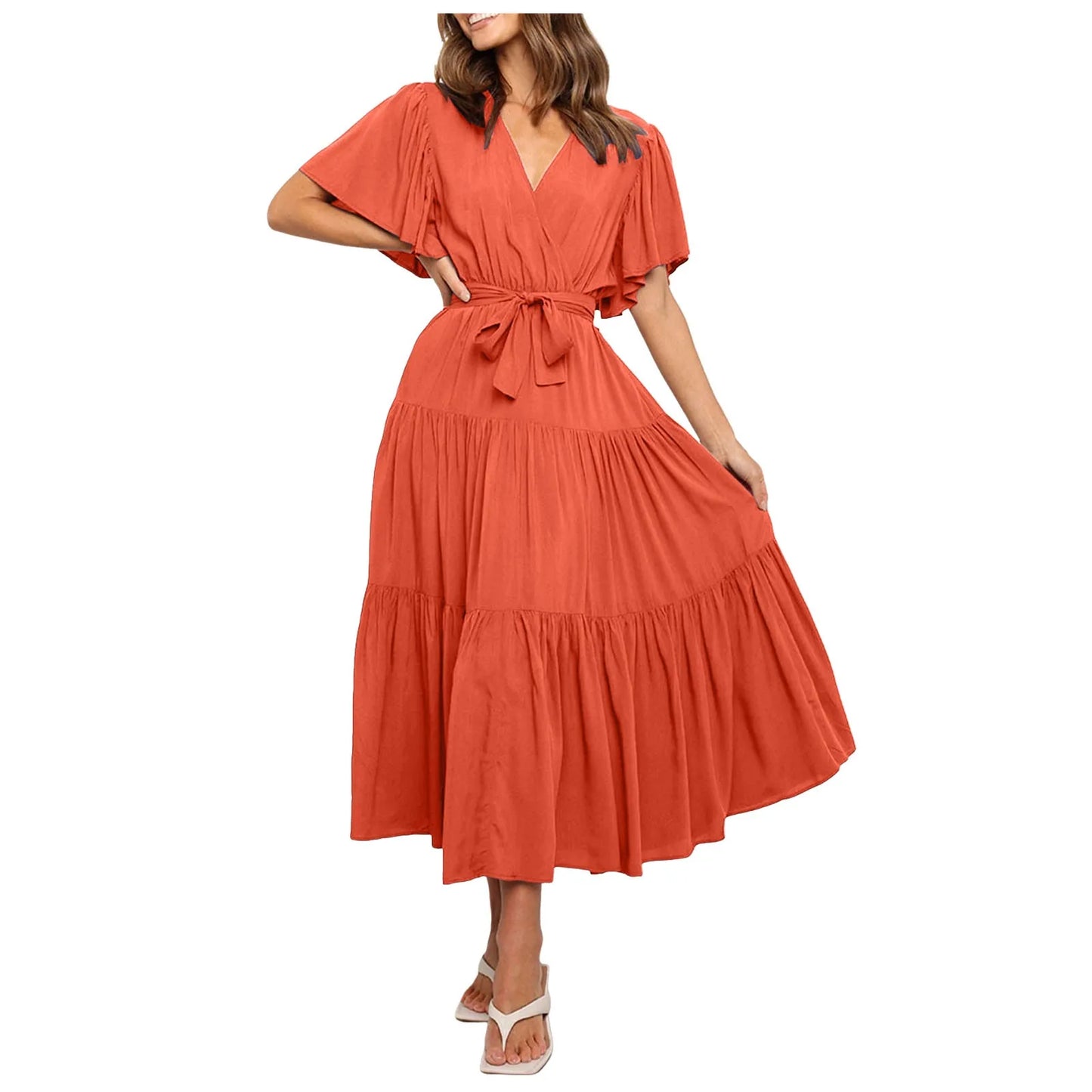 Women Chiffon Dress 2024 Summer Lace-Up Butterfly Sleeve Casual Ruffle V-Neck Fashion Party Vestidos Sexy Bohemian Robe Femme