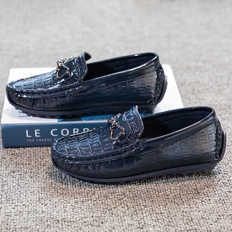 Visco Boys Leather Shoes Round-toe Flat Soft Kids Fashion Casual Loafers Glossy Metal Buckle Children Moccasins Non-slip Britain Style