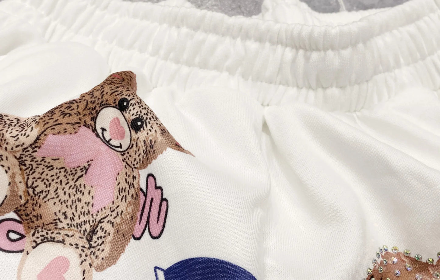 Maxy Beaded Cartoon Bear Shorts Casual Suit Women 2024 Summer Loose Printed Rhinestone Hot Fixed Short Sleeve T-shirt Two-Piece Sets