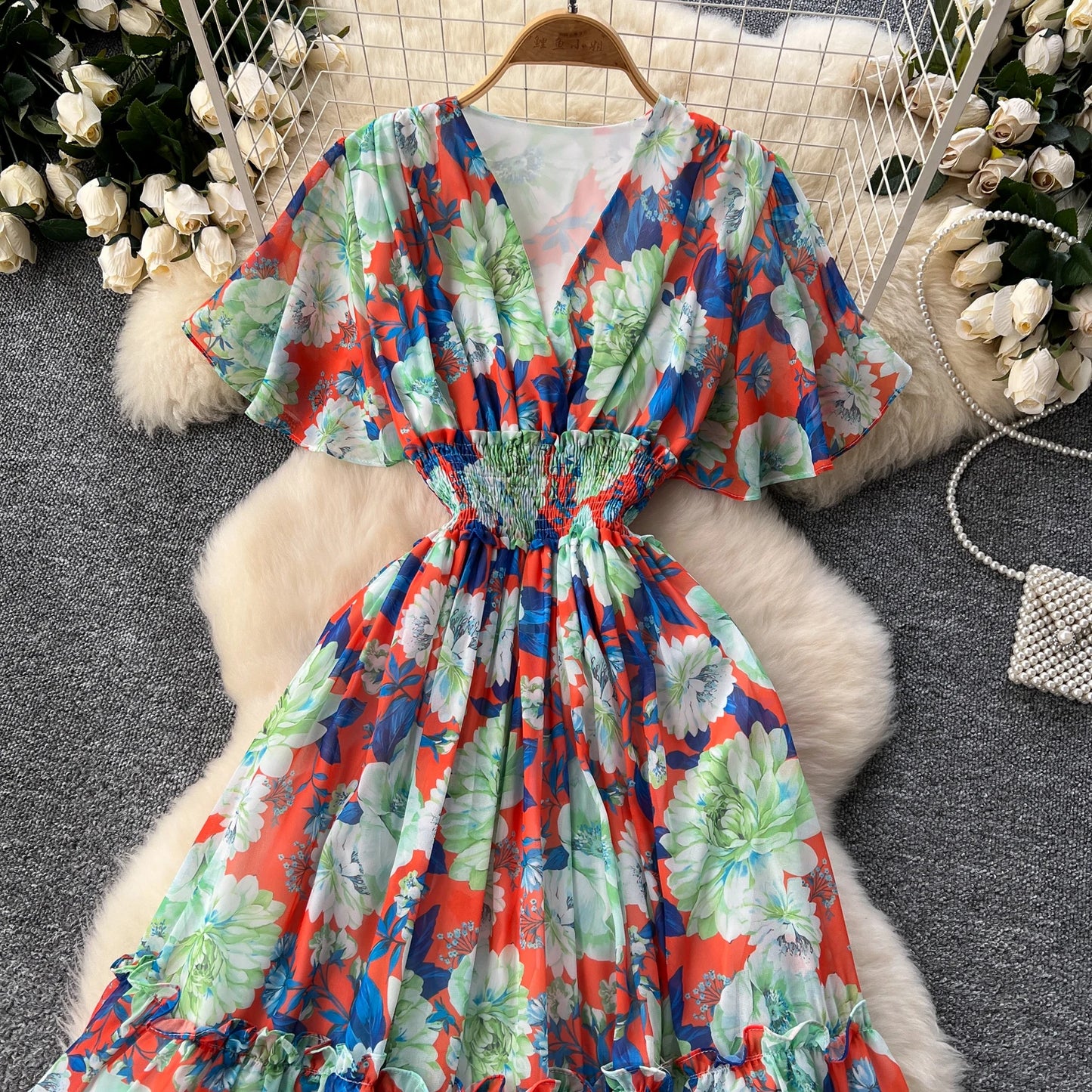 Maxy v neck Butterfly sleeve print elegant summer Dress A-line Flare Sleeve Vacation print Women dresses