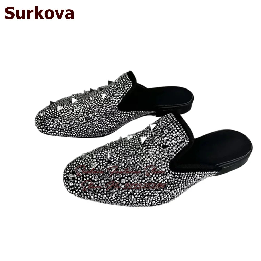 Maxy Surikova Men's Bling Silver Crystal Flat Slippers Metallic Rivets Loafers Slip-on Glittering Rhinestone Dress Shoes Mules