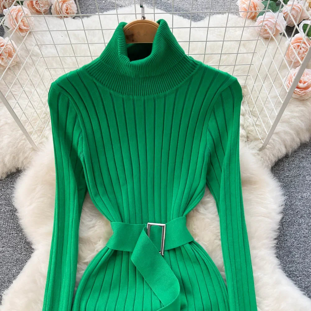 Babs Green Winter Turtleneck Sexy Women Dress Autumn Long Sleeve Skinny Macy  Bodycon Casual Sweater With Belt Party Club