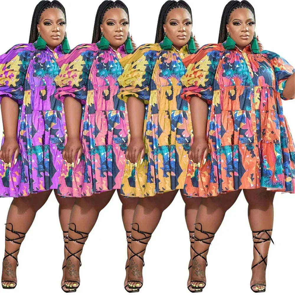 Maxy Plus Size Dresses 4xl 5xl Women's Clothing Tie Dye Loose Casual Cute Ball Gown Shirts Midi Dress