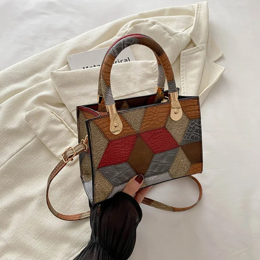 Maxy Fashion Patchwork Leather PU Top-handle Bags For Women, Square Design Ladies Handbags Crossbody Shoulder Bags For Daily Used