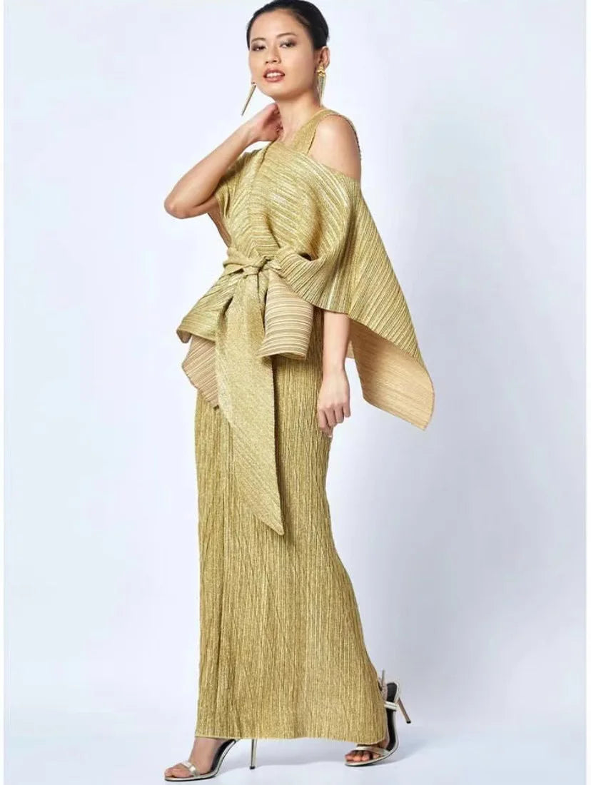 Maxy Women's yellow lace-up cloak + sleeveless dress Pleated Fashion plus-size elegant evening dresses