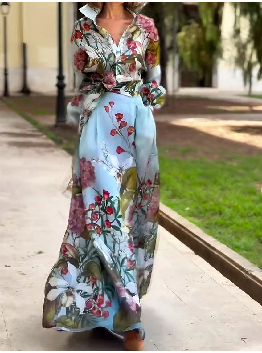 Maxy Spring Floral Print Women's Two Pieces Set Long Sleeve Shirts & High Waist Long Skirt Suits Female Chic Elegant Skirts Set