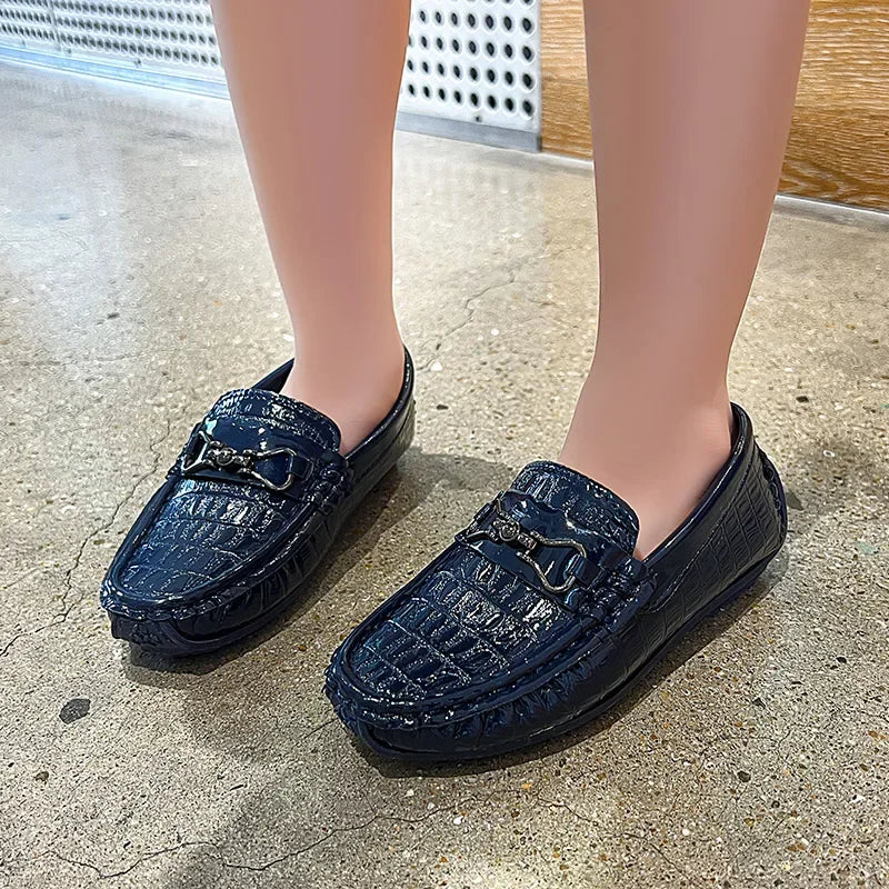 Visco Boys Leather Shoes Round-toe Flat Soft Kids Fashion Casual Loafers Glossy Metal Buckle Children Moccasins Non-slip Britain Style