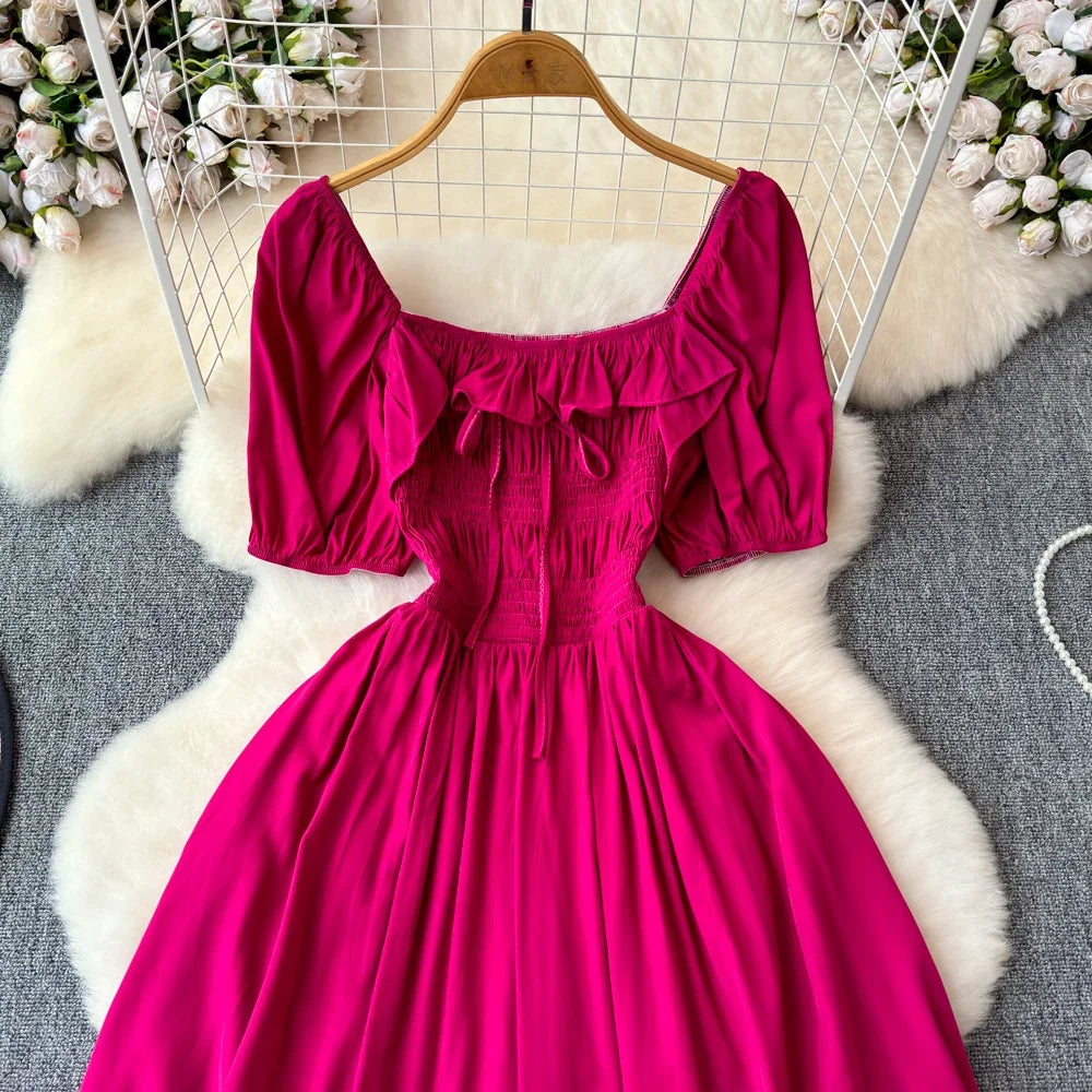 Babs Chic Elegant Square Collar Macy Dress Women Solid Short Puff Sleeve Dresses 2024 Korean Fashion Vintage Ruffle Vestidos