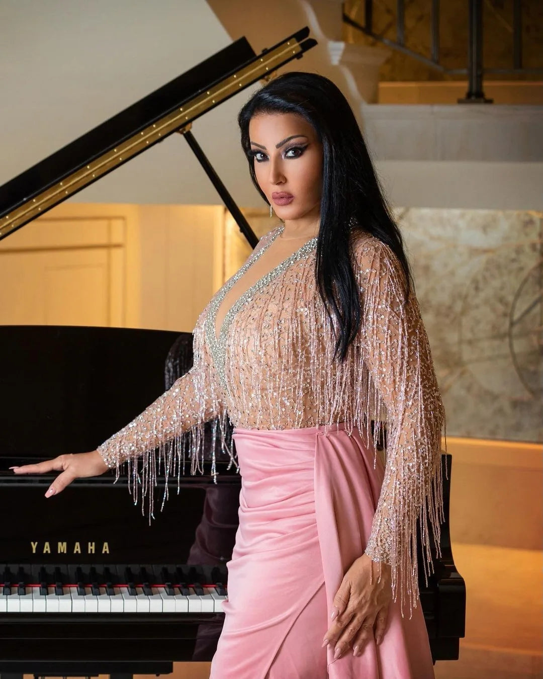 Maxy New arrival fashion sexy V-neck tassel slim fit elegant split gown long sleeved temperament casual ladies evening dress