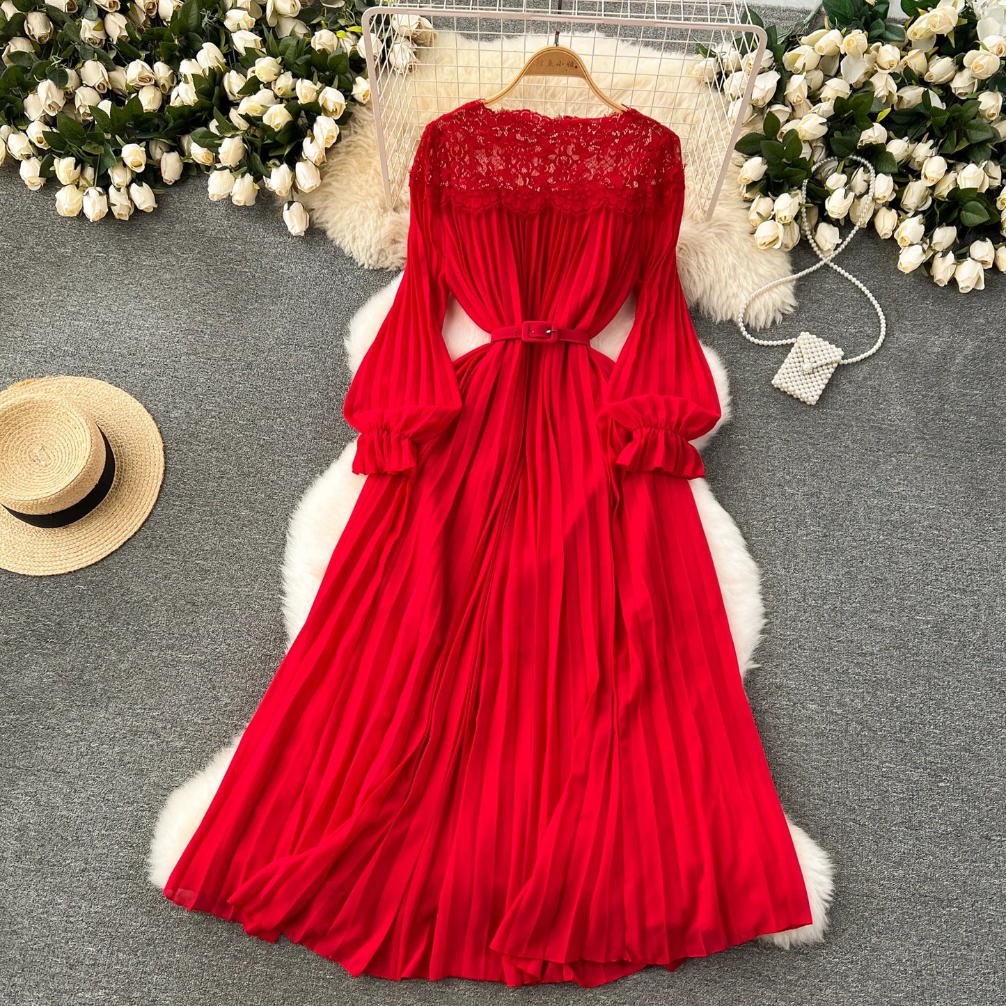 Spring Summer Women Hollow Out Lace Patchwork Pleated Long Dress Vintage Red/Blue/Purple Draped Maxi Vestidos Female Robe New