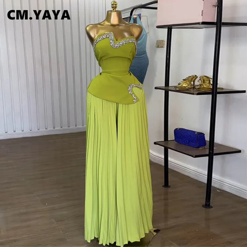 Maxy CM. YAYA Women's Set Diamonds Hot Rhinestones Crop Top and Pleated Wide Leg Pants Suit 2025 Two 2 Piece Sets Outfits Tracksuit